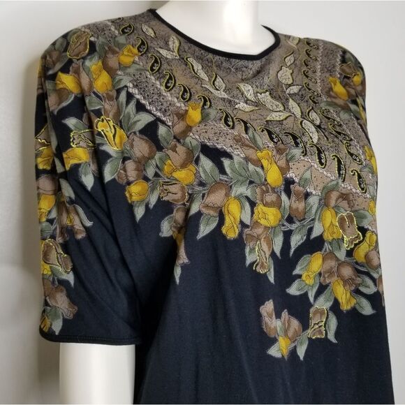 Womens Three-Quarter Sleeve Floral Print Black Gold Metallic Crop Top Size M/L - Picture 3 of 10
